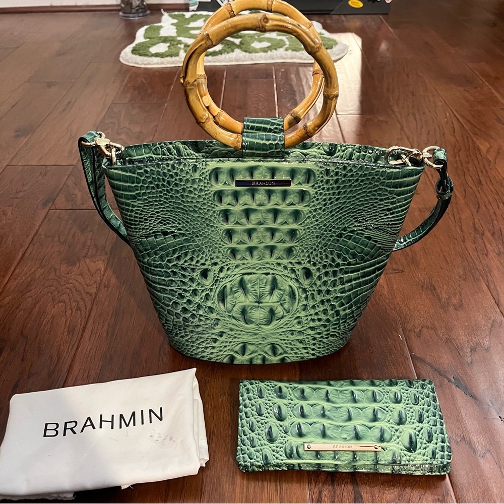 Brahmin Green and Gold Shoulder Bag with Crocodile Texture